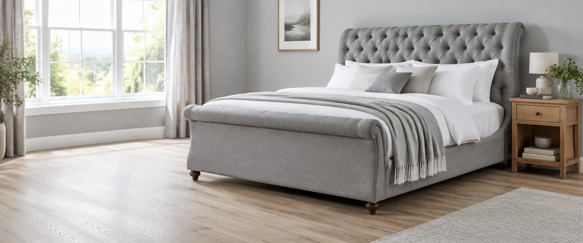 Grey upholstered bed in a bright bedroom