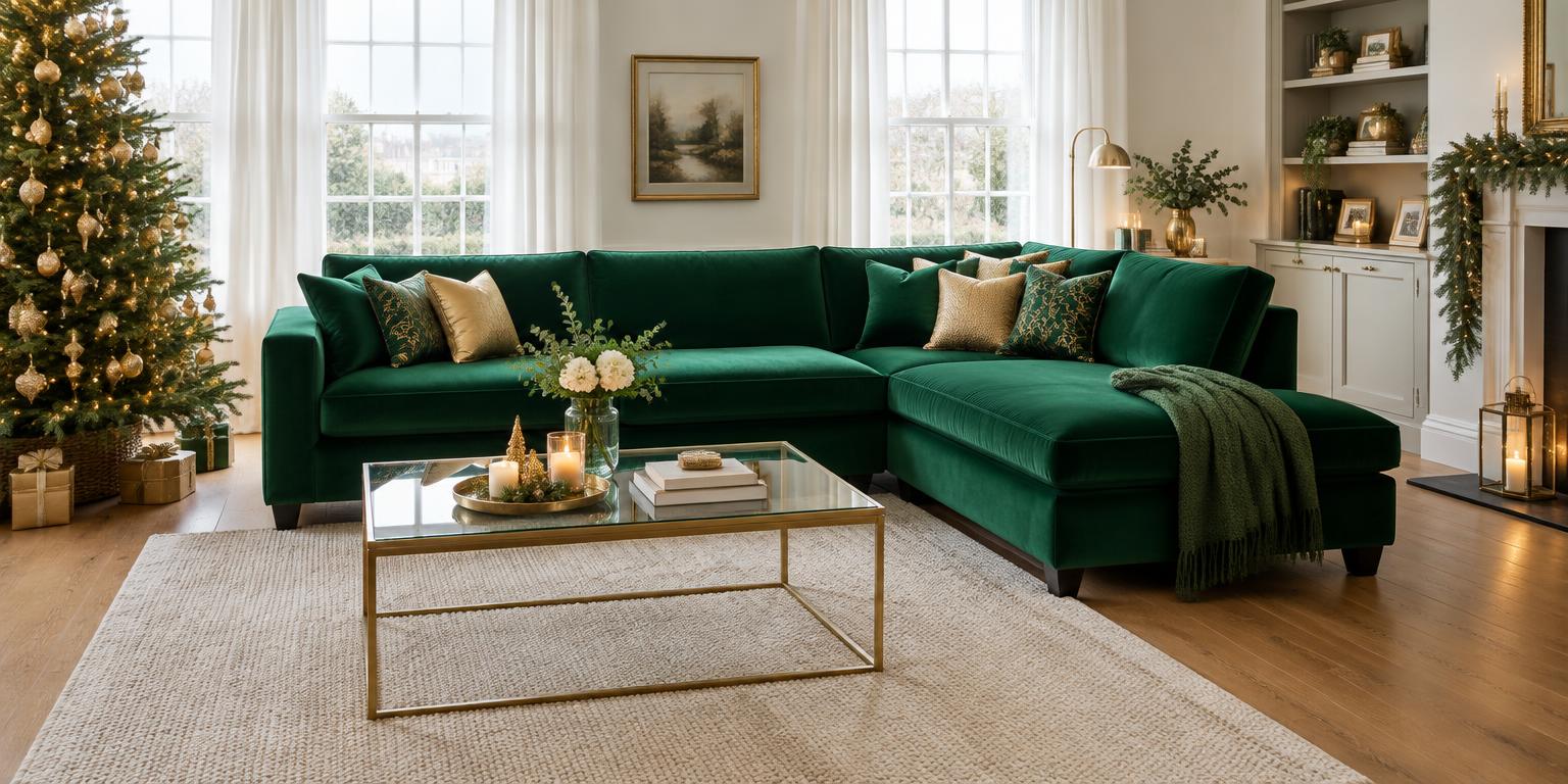 Green corner sofa in a festive living room